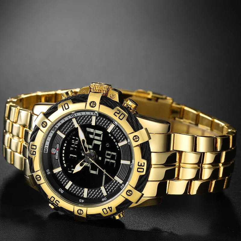 GOLDENHOUR Männer Uhr Dual Display Quarz Armbanduhren Edelstahl Wasserdicht Sport_voghion.com