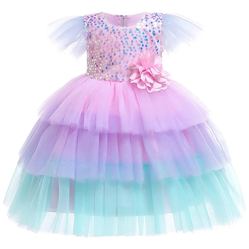 

fashion Wedding flower girl Color sequin mesh cake princess dress Girls birthday party Flower decoration summer dress girl