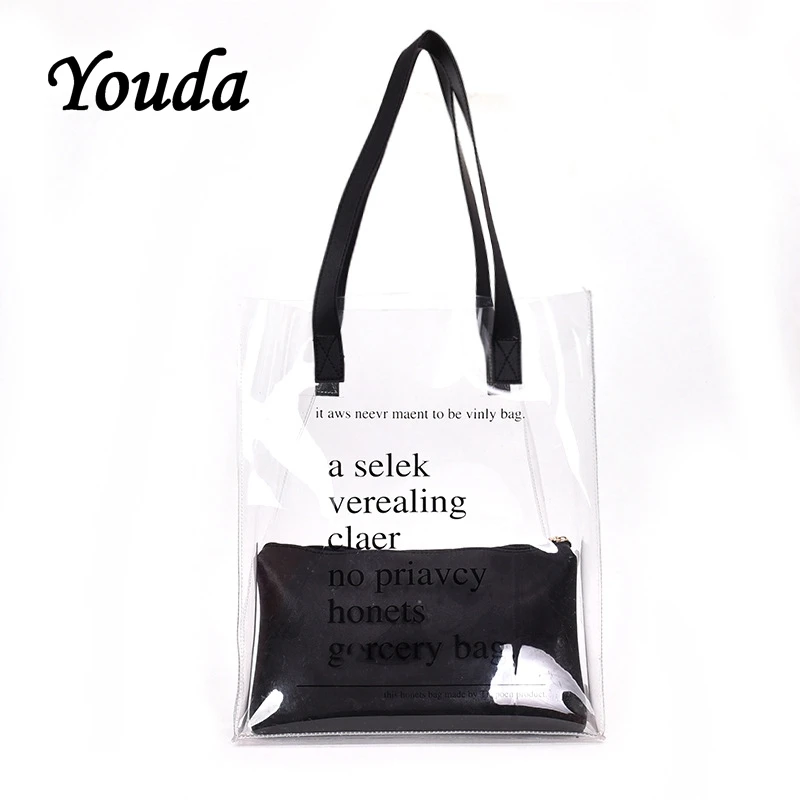 

Youda Transparent PVC Material Ladies Bag Fashion Letter Handbag Large Capacity Casual Shoulder Bags Solid Color Shopping Tote