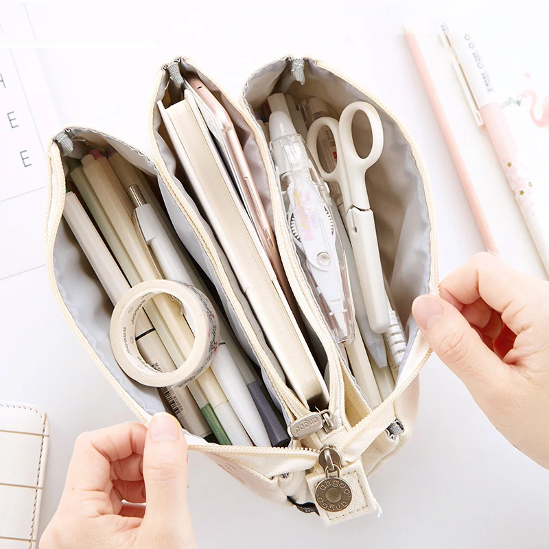 3 Layers Pencil Bag Large Capacity Pen Case Makeup Pouch with Zipper Canvas Cute Stationery Organizer Storage Bag for Student tweed zipper makeup bag with wristlet
