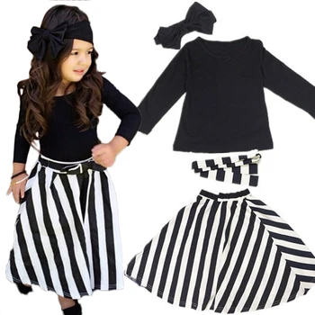 

Girls 4 Pcs Set Navy blue Long Sleeve T Shirt+Striped Skirt+Headband+Belt Baby Girl Clothing Sets Children Costumes Outfits 2T-7