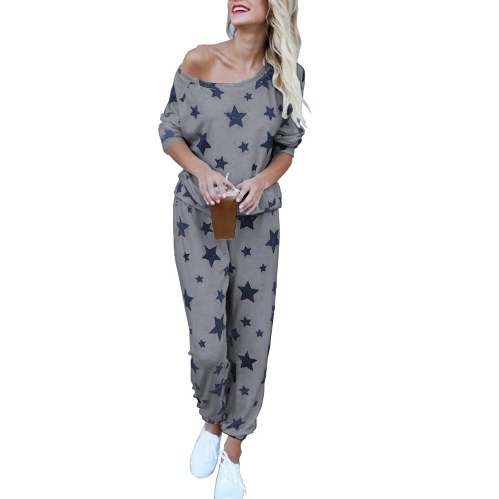 Модный Топ со звездами и длинными рукавами, штаны, Женская домашняя одежда для сна, пижамный комплект, повседневная одежда для отдыха, Прямая поставка - Цвет: Grey