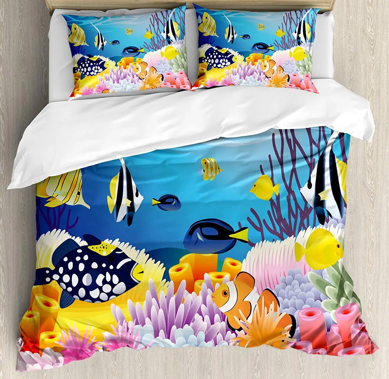 

Ocean Decor Duvet Cover Set, Water Life with Fishes Coral Reefs and Sponges Kids Nursery Theme