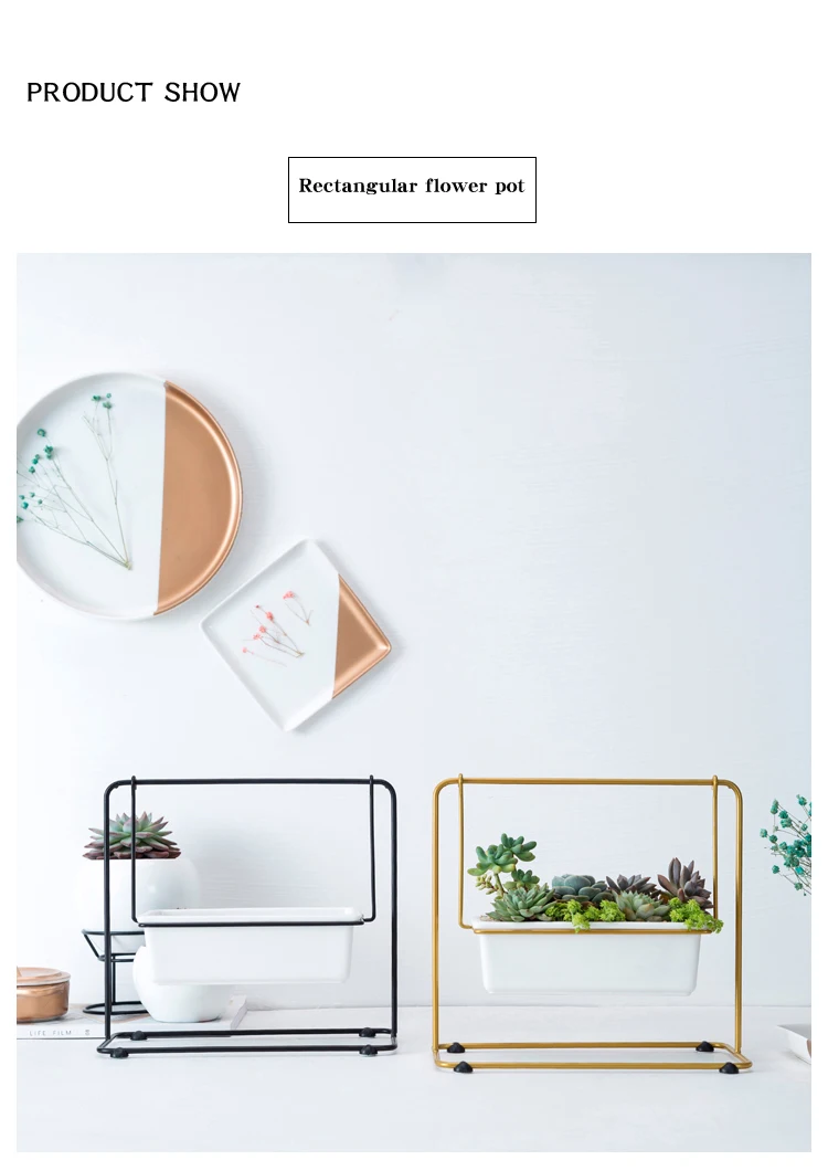 Креативные керамические прямоугольные белые цветочные горшки в скандинавском стиле, кашпо для суккулентных растений, железная стойка, держатель, украшение для дома и рабочего стола