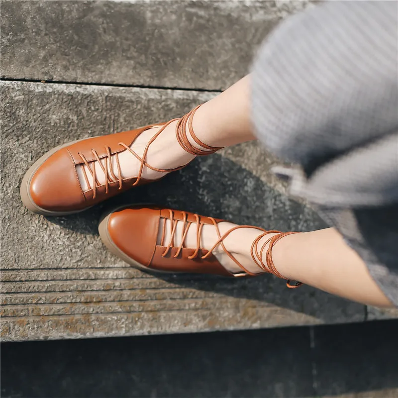 

YMECHIC 2018 Autumn Summer Cross Tied Gladiator Flat Platform Shoes Brown Black Ladies Flats Ankle Strap Mary Jane Boat Shoes