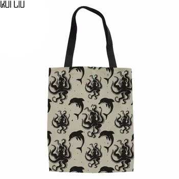

Folding Shopping Tote Women Large Eco Bag Heavy Buty Ladies Octopus Print Beach Top-Handle Bags for Female Recycle Bag