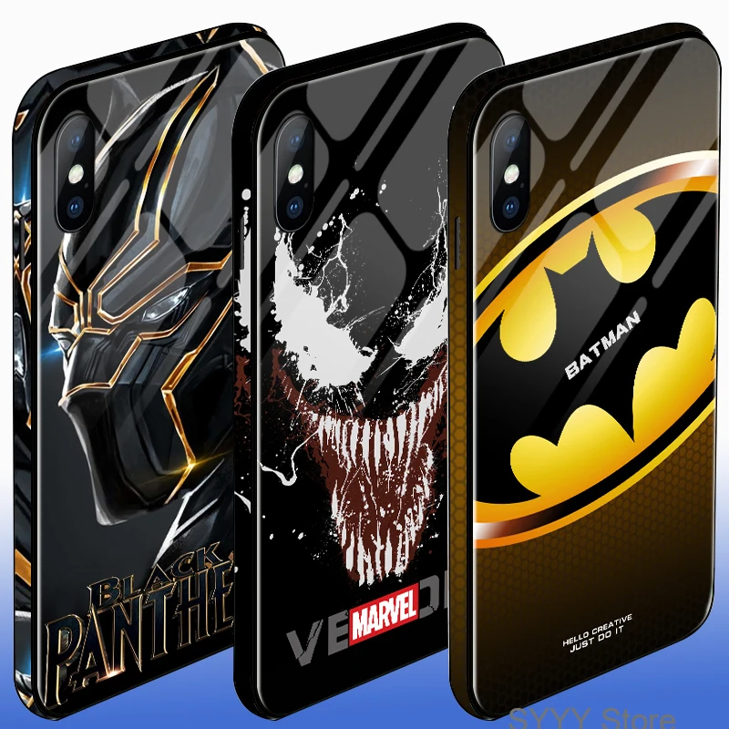 Tempered glass phone case for iPhone XR X XS Max 6 7 8 Plus Colored edge Marvel Angry Embossed Captain America Iron Man Heroes |