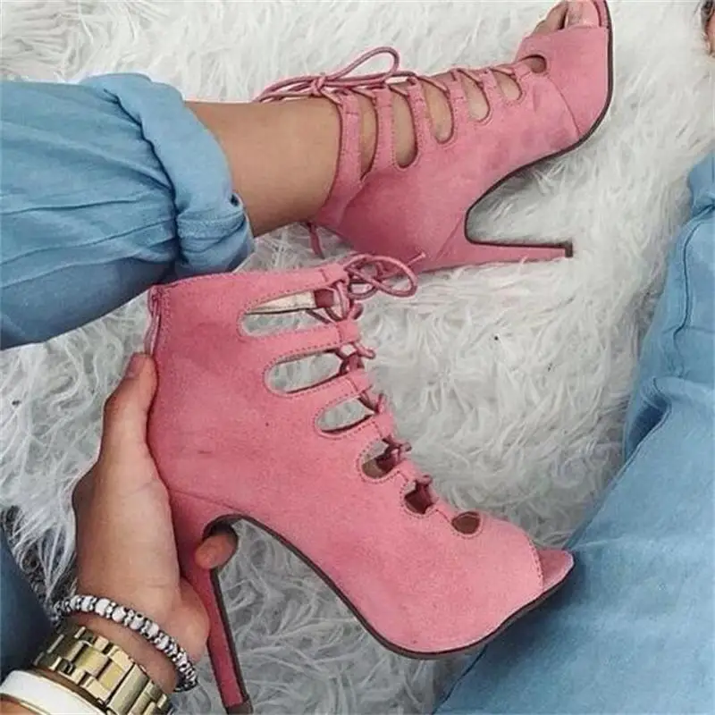 

FragrantLily 2018 New Fashion Gladiator Lace up Summer Woman Shoes High Thick Heeled Sandals Women Open toe Shoes Black Pink