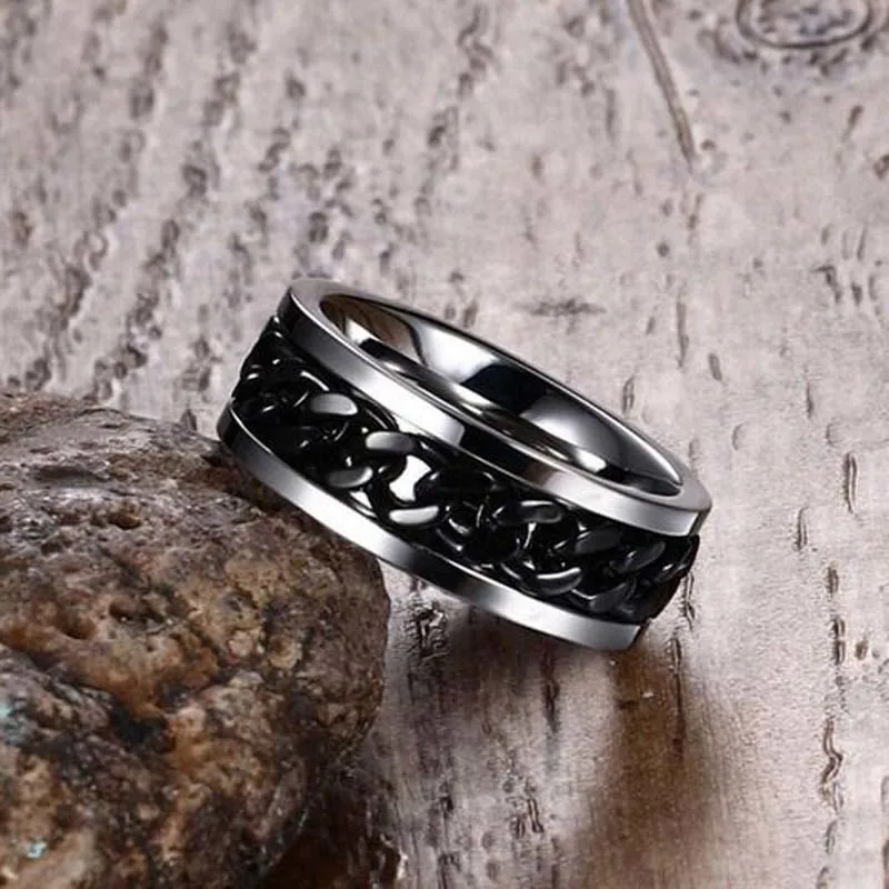 

Men's Black Spinner Band Curb Chain Silver Tone Stainless Steel Ring For Men Anti Stress Male Jewelry Anel Aneis Masculinos