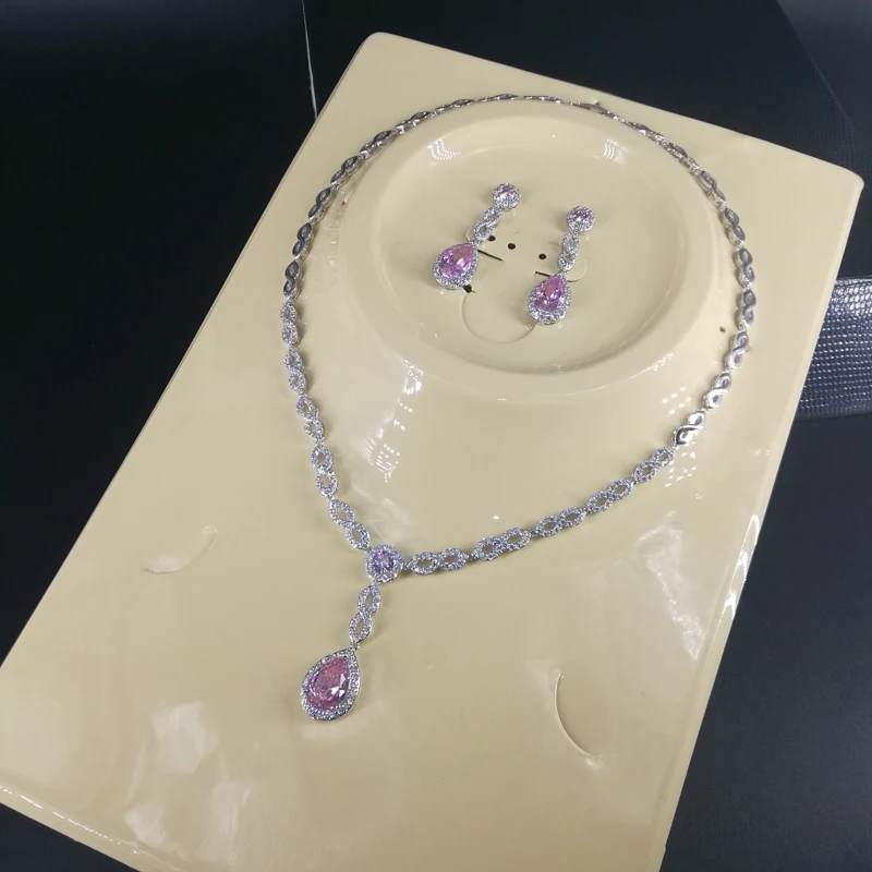 

2019 NEW FASHION,romantic elegant PINK water drop zircon bride necklace earring set,wedding bride party dress banquet jewelry