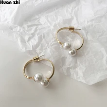 HUANZHI, дизайн, элегантные, двойные, металлические, золотые, круглые, жемчужные, маленькие серьги-гвоздики для женщин, девушек, вечерние, подарок