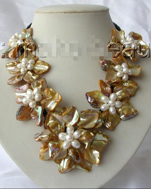 

FREE shipping>>>>classic white baroque freshwater pearl gold shell flower leather necklace h959 6.07