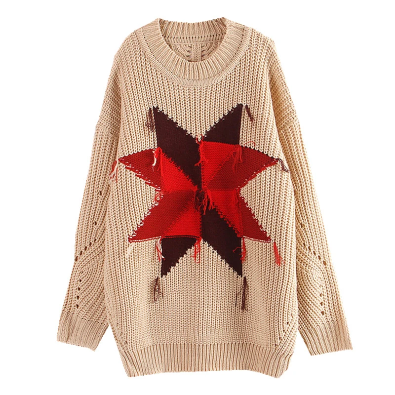 

PERHAPS U women sweater o neck khaki pullovers long sleeve star embroidery casual winter loose long sweater M0151