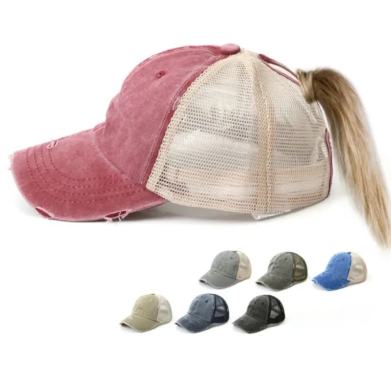 

Womens Summer Ponytail Messy Bun Baseball Cap Vintage Washed Color Breathable Mesh Back Adjustable Snapback Distressed Sun Hat