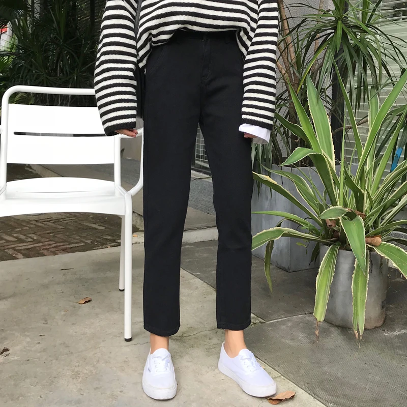 

2 Colors Mihoshop Ulzzang Korean Korea Women Fashion Clothing High Waist Black Casual Straight Trousers Denim Jeans Pants