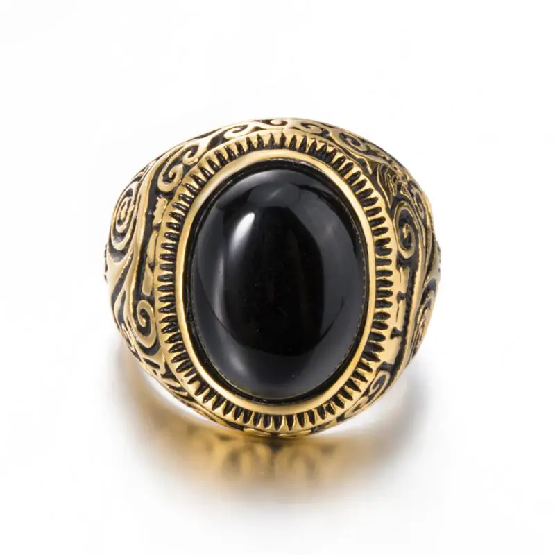 Мужское женское кольцо из натуральной овальной бирюзы, черный оникс, лунный камень, серебро, золото, нержавеющая сталь, подарок, ювелирные изделия размера плюс 8-15 - Цвет основного камня: Gold Black Onyx