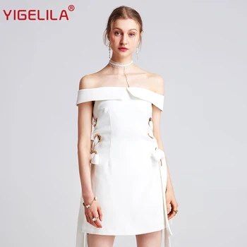 

YIGELILA 2019 Latest Summer Women Fashion Solid Slash Neck Off Shoulder Sheath White Mini Bandage Dress 62685