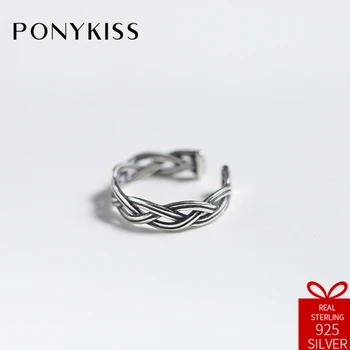 

PONYKISS Vintage 100% 925 Thai Silver Adjustable Opening Twist Rope Ring Fine Jewelry Women Birthday Party Gift Accessory