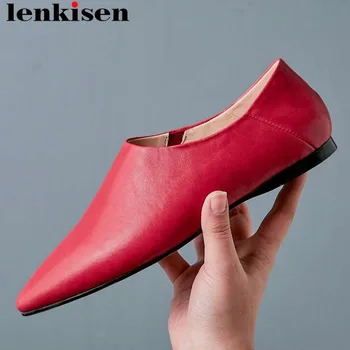 

Lenkisen brand concise style handmade genuine leather pointed toe slip on loafers large size pregnant women driving shoes L6f1