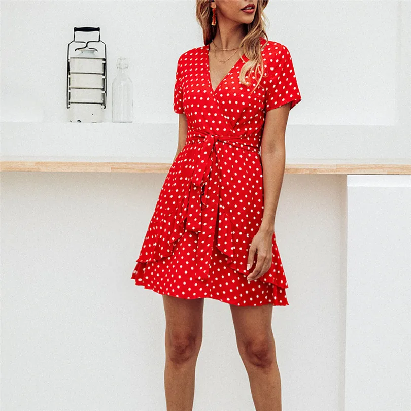 New Women Fashion Summer Casual Daily Loose Dot Printing Short Sleeve Sexy V Neck Mini Dress Evening Party Dress #4A24 (4)