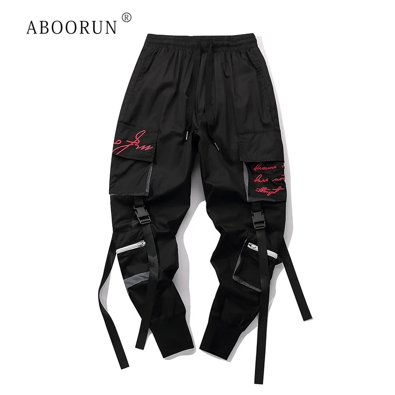 

ABOORUN Men's Harem Joggers Hip Hop Ribbons Cargo Pants Multi Pockets Black Long Pencil Trousers for Male R549