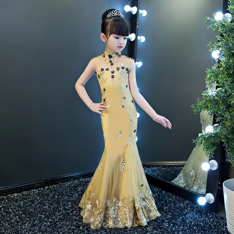 Princess Girls Mermaid Dress 2018 New Sexy Lace Dresses Paillette Backless Lace Up Children's Party Clothing Gold Dress JF452 Princess Girls Mermaid Dress 2018 New Sexy Lace Dresses Paillette Backless Lace Up Children's Party Clothing Gold Dress JF452