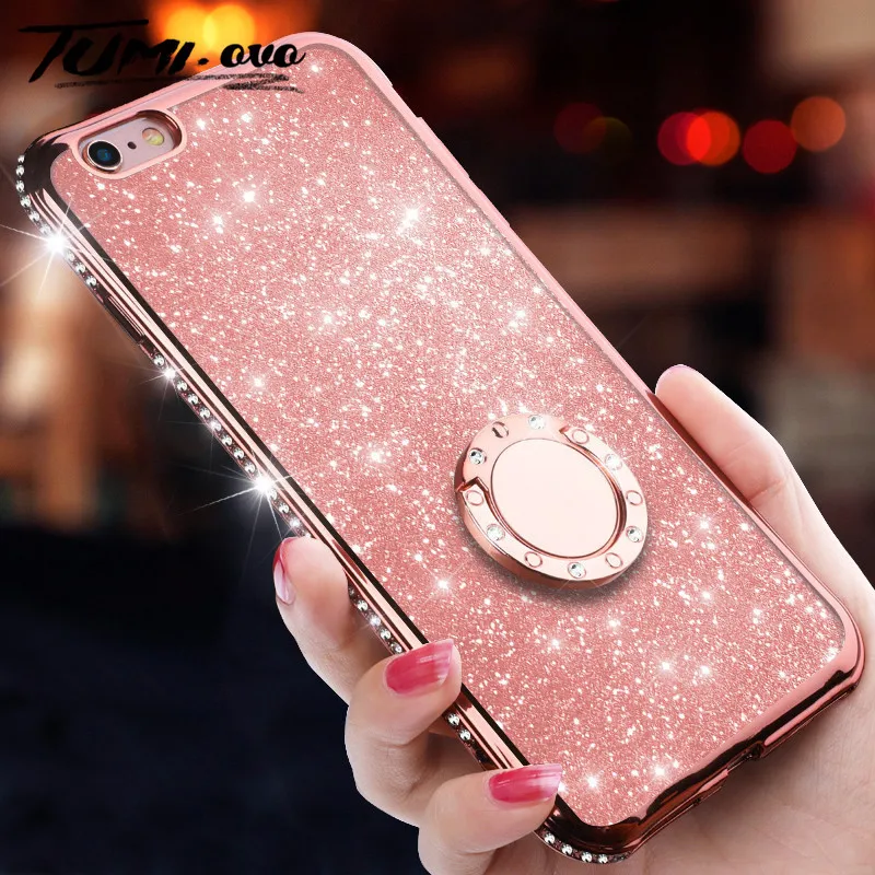 

Luxury Plating Bling Diamond Silicone Cover For iPhone X XR XS Max Finger Ring Holder Soft TPU Cases For iPhone 8 7 6 6S Plus