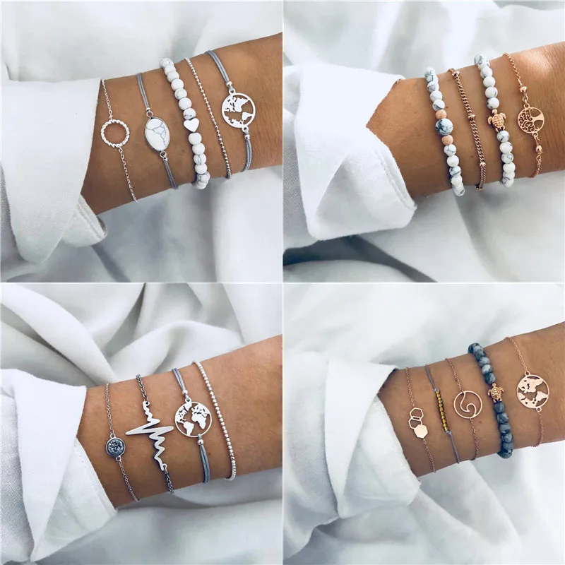 

LETAPI 4pc/set New Bohemian Shell Map Turtle Bracelet Set Retro Geometric Statement Female Fashion Jewelry
