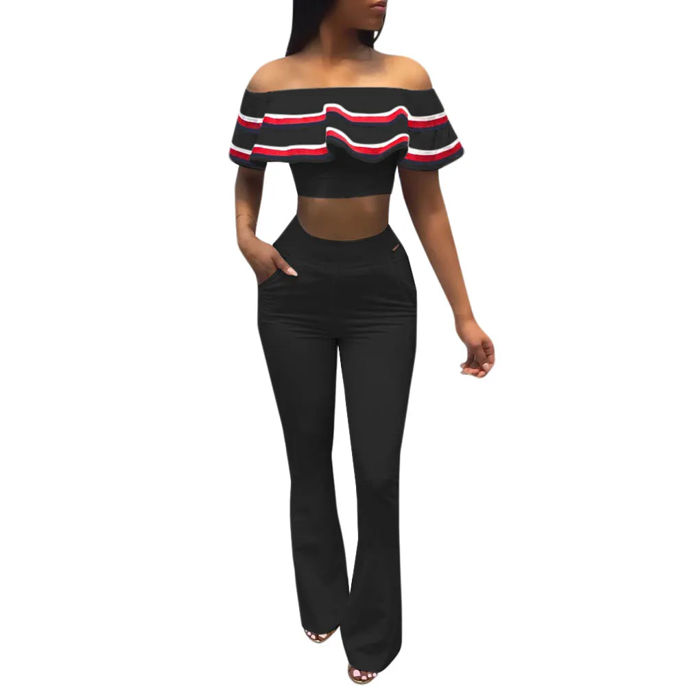 Preto Ruffles Fora Do Ombro Elegantes Mulheres Jumpsuit Macacões Verão de Duas Peças vestido Listrado Bodycon Macacão Macacão perna Larga Calças Compridas