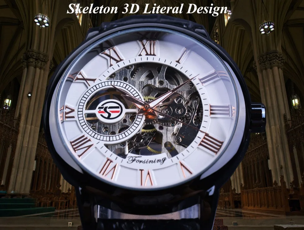 Forsining 3d логотип дизайн полые гравировка черный корпус римские цифры часы для мужчин люксовый бренд механические часы для мужчин