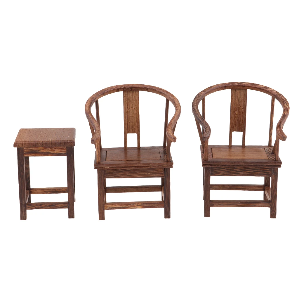 1:6 Dollhouse Solid Wenge Miniatures Furniture Wooden Tea Table and Two Armchairs Home Decor