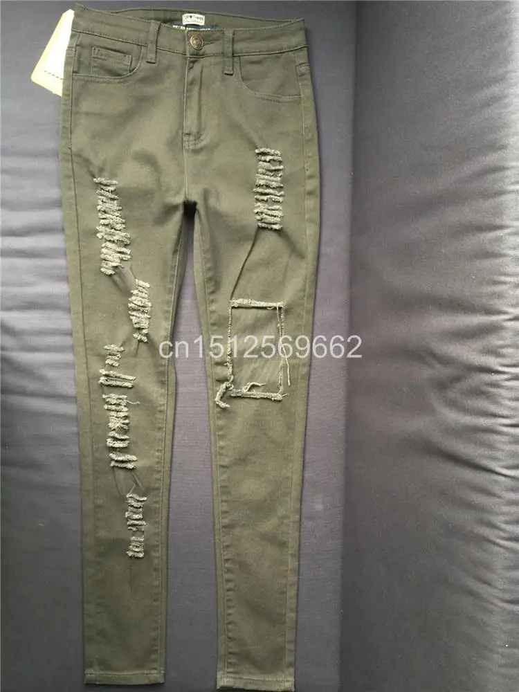 Модные сексуальные рваные джинсы с дырками, большие размеры, с высокой талией, потертые джинсы, Женский армейский зеленый обтягивающие джинсы с высокой талией, джинсовые штаны