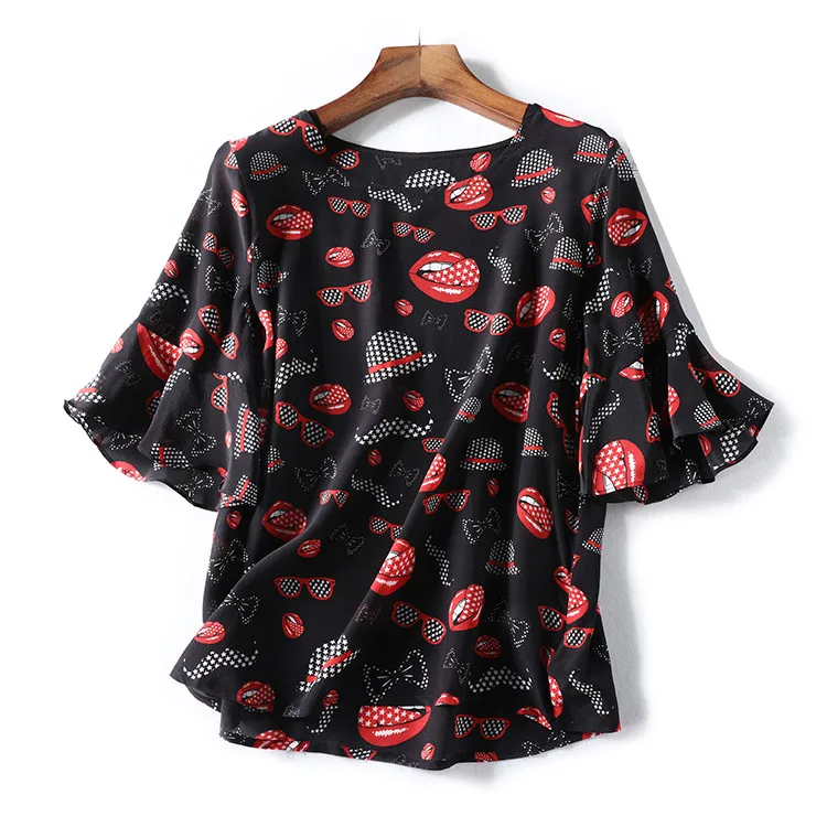 

Women Summer 100% Natural Silk Blouse Real Silk Flare Sleeve Basic Shirt floral print casual Top Shirts Silk Blouses for Women