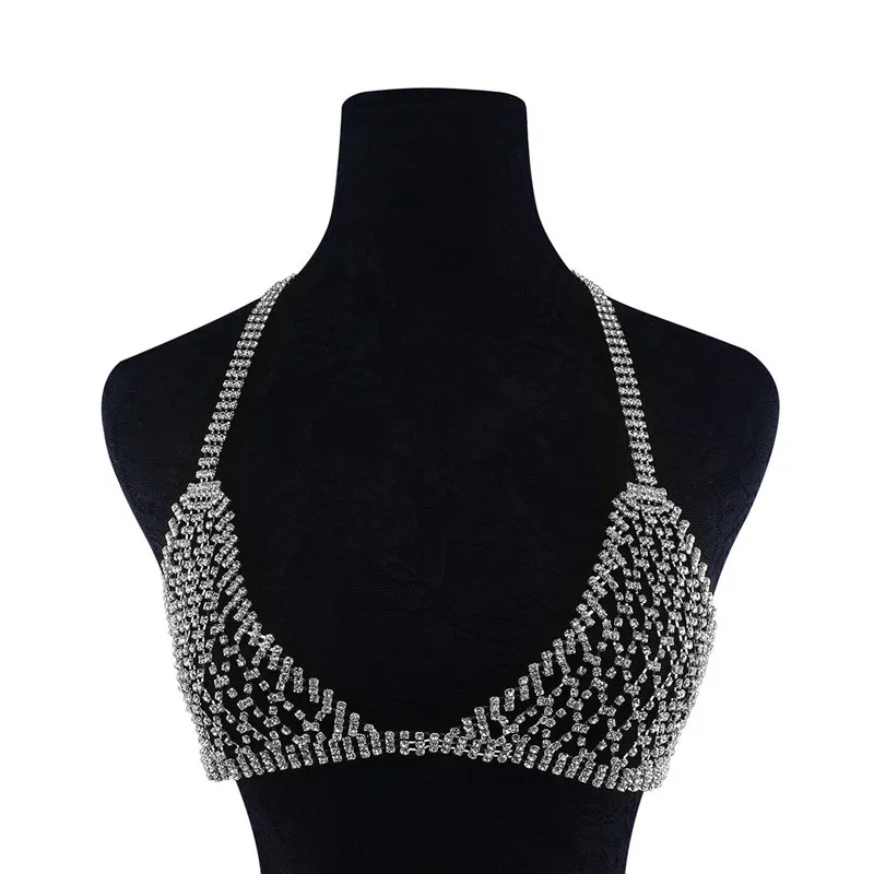 AKYZO 2017 Summer Luxury Rhinestone Crop Top Shining Fashion Handmade Metal Adjustable Chains Backless Vest Sexy Beach Tank Tops