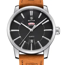 BENYAR кожаный ремешок двойной календарь модные кварцевые часы люксовый бренд Мужские часы 30 м водонепроницаемые часы в стиле кэжуал Masculino