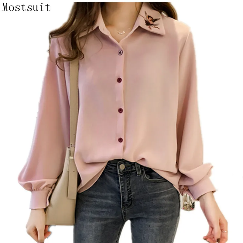 

M-4xl Chiffon Blusas Mujer Women Spring Autumn Angel Embroidery Elegant Blouses Plus Size Long Sleeve Office Korean Shirt Tops