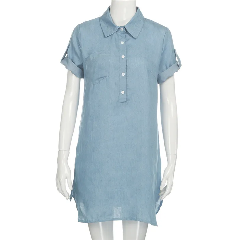2018 Summer Dress Women Denim Beach Dress Turn-down Collar robe femme Casual Party Dress Short Sleeve vestidos Wholesale noMC27 (1)