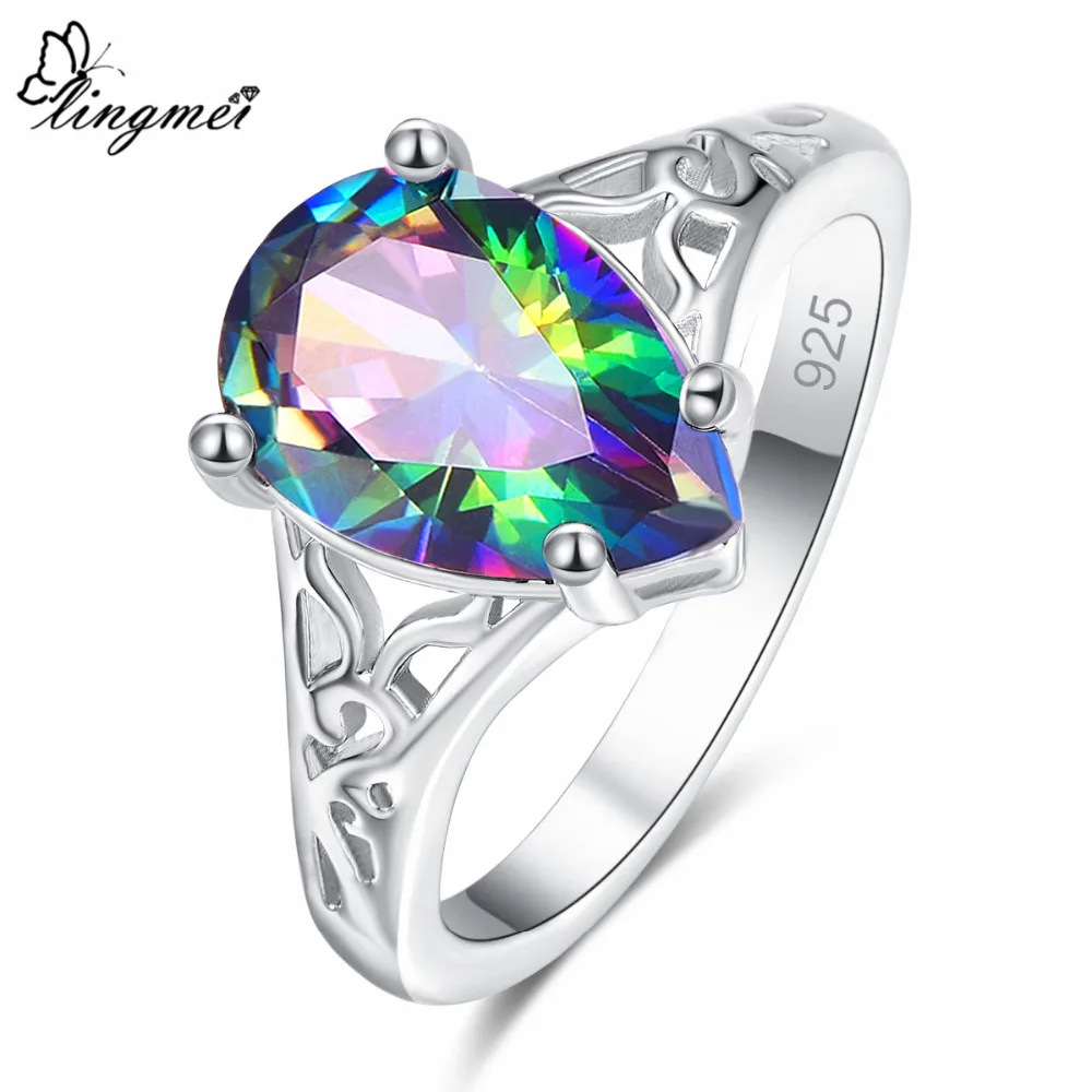

lingmei Hot Sell New Arrival Charm Water Drop Multicolor & Purple CZ Silver Color Ring Size 6 7 8 9 Luxury Fashion Women Jewelry