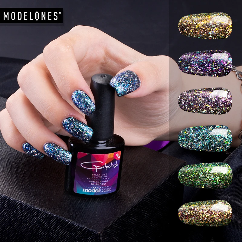  Modelones Fireworks UV Nail Gel Polish Chameleon Glitter UV Gel Nail Polish Soak Off Sparkly Sequin