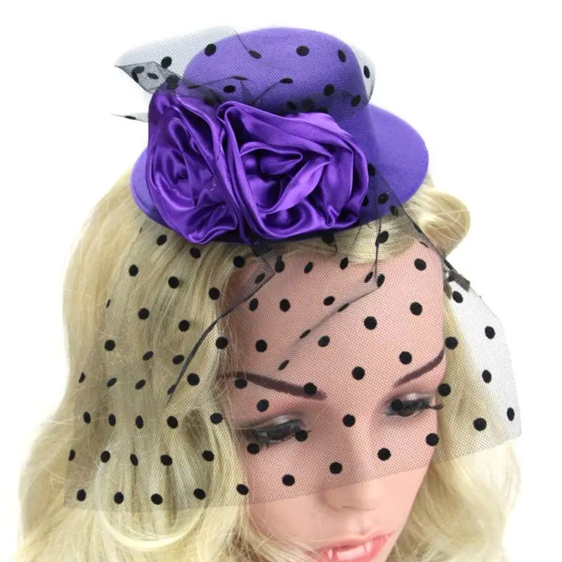 Для женщин для маленьких девочек чародей Цветок Top Hat сетки волновой точки завеса Заколки для волос Свадебные вечерние заколки коктейльное Элегантные Заколки Для Волос - Цвет: Фиолетовый