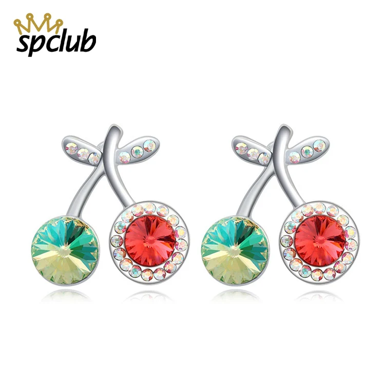 Женские корейские японские серьги Вишенки с кристаллами Swarovski милые растениями