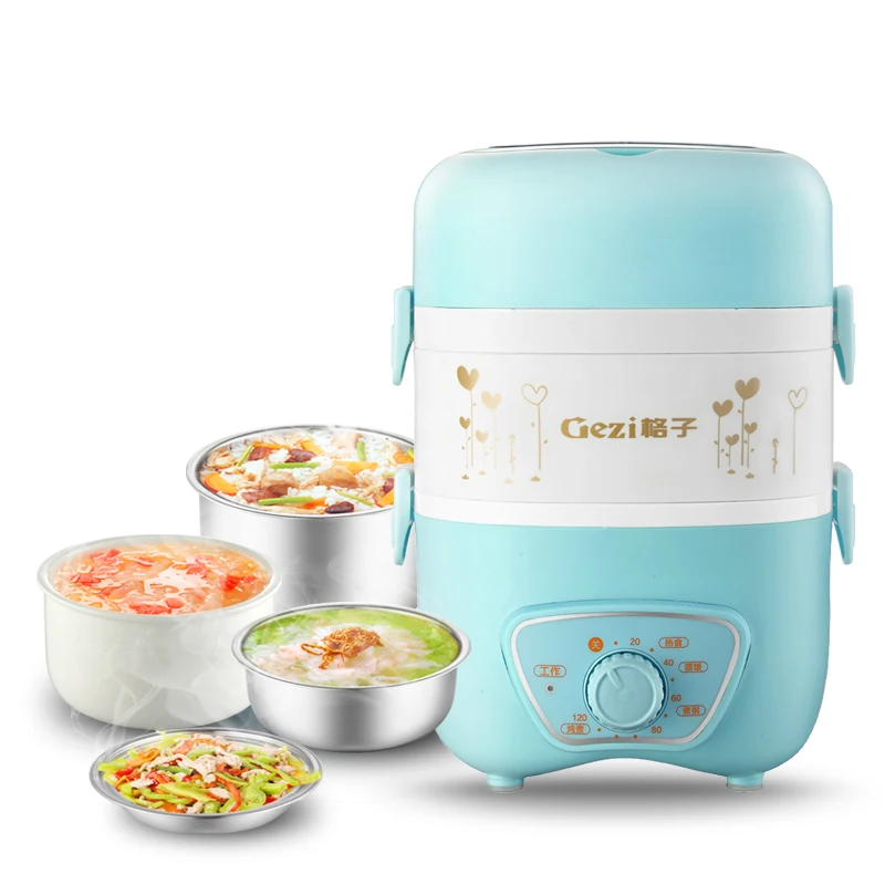 

Electric Lunchbox Rice Cooker Three Layers Insulation Portable Reservation Timing Plug In Heating Cooking 2L 1-2 People
