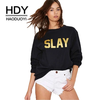

HDY Haoduoyi Brand 2020 Black Women Casual Sweatshirts Letters Printed O-Neck Long Sleeve Female Loose Pullovers Lady Tops