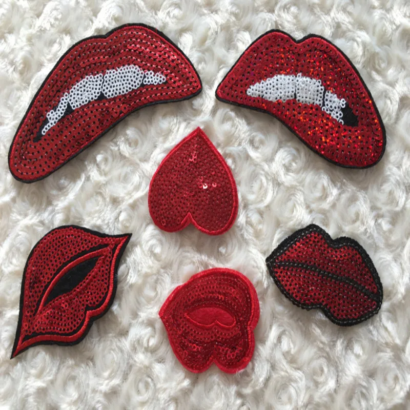

1 set of sequins embroidered patches include 6 pieces lips and heart appliques clothing patches zakka DIY iron on accessories