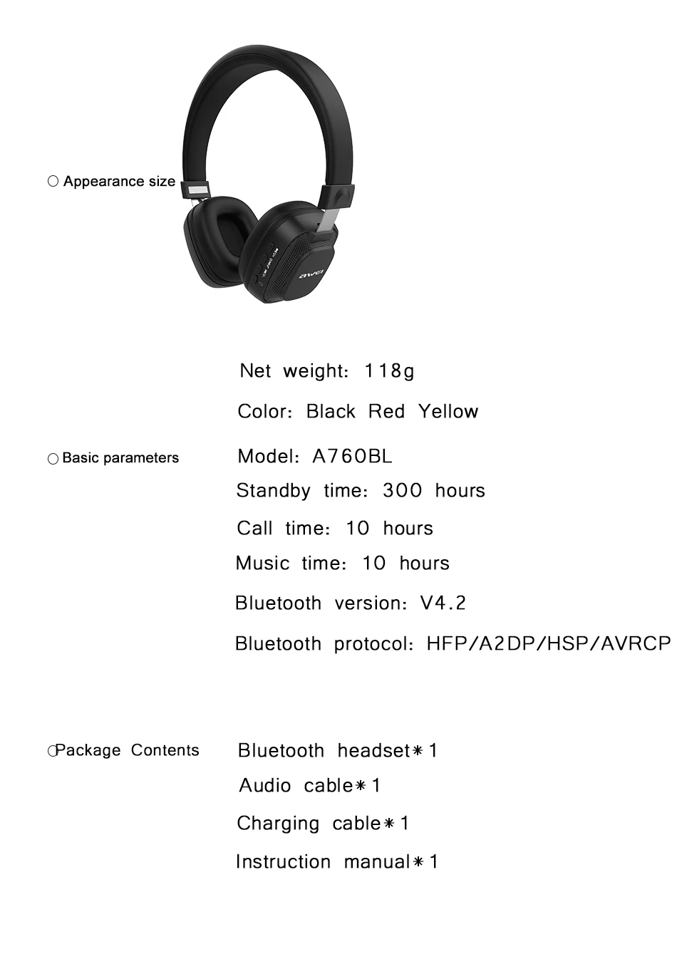 AWEI A760BL беспроводные наушники Bluetooth гарнитура спортивные наушники с микрофоном для телефонов стерео Красочный светодиодный светильник