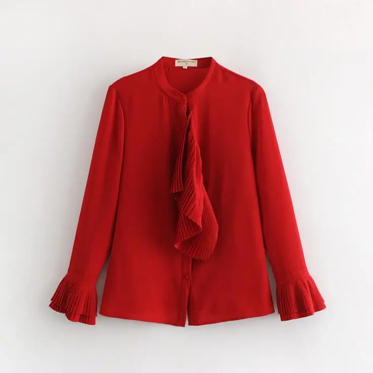 

casual pleated ruffles flare sleeve women blouses fashion red shirts autumn streetwear loose tops femininas