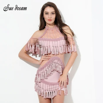 

2019 New Chic Runway Womens Fashion Pink Black Sleeveless Mini Pearl Beaded Tasseled Elegant Bodycon Dress