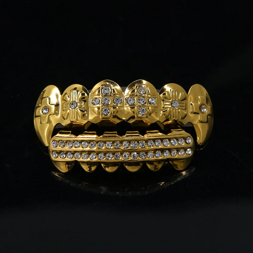 

Bling Iced Out Crossing Rhinestone Hip Hop Teeth Cap Top & Bottom Grill Party Jewelry Gifts Golden vampire teeth deco