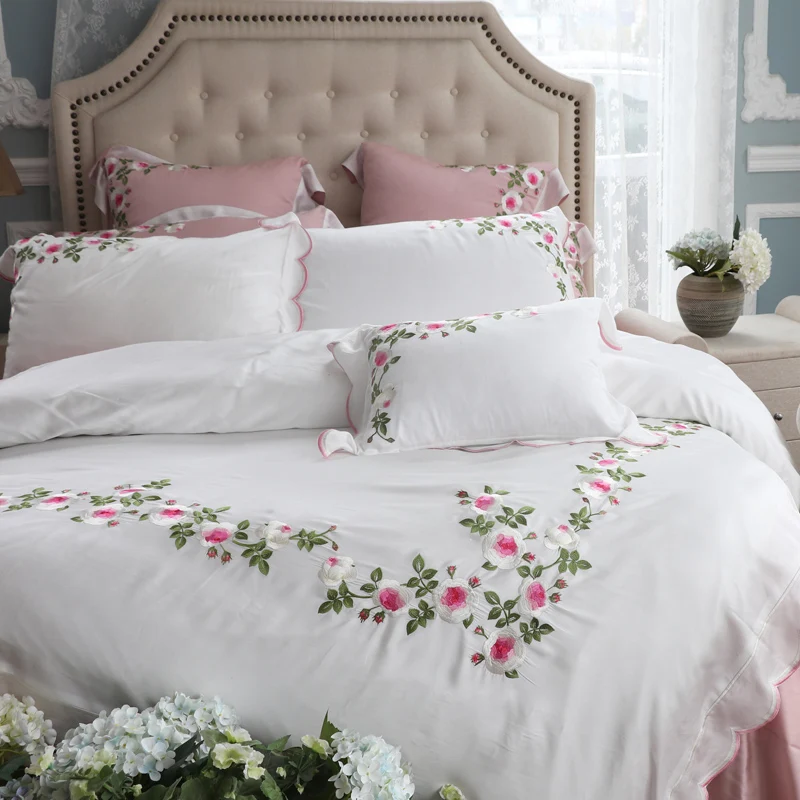 Роскошный белый розовый вышивка с розами Tencel Шелковый набор постельных