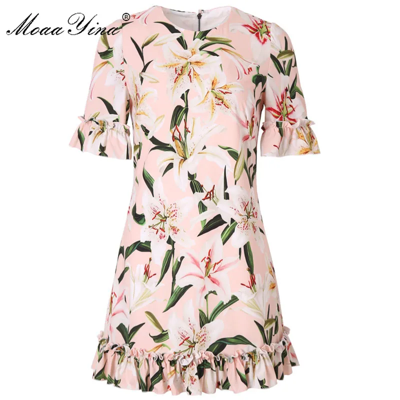 

Moaa Yina Fashion Designer Runway dress Spring Summer Women Dress Butterfly Sleeve lily Floral-Print Elegant Ruffles Dresses